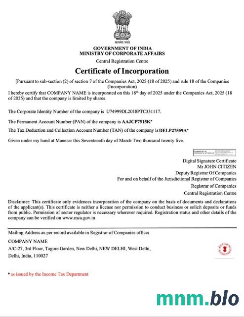 India vcertyfikat of inkorporacja Word i szablon PDF